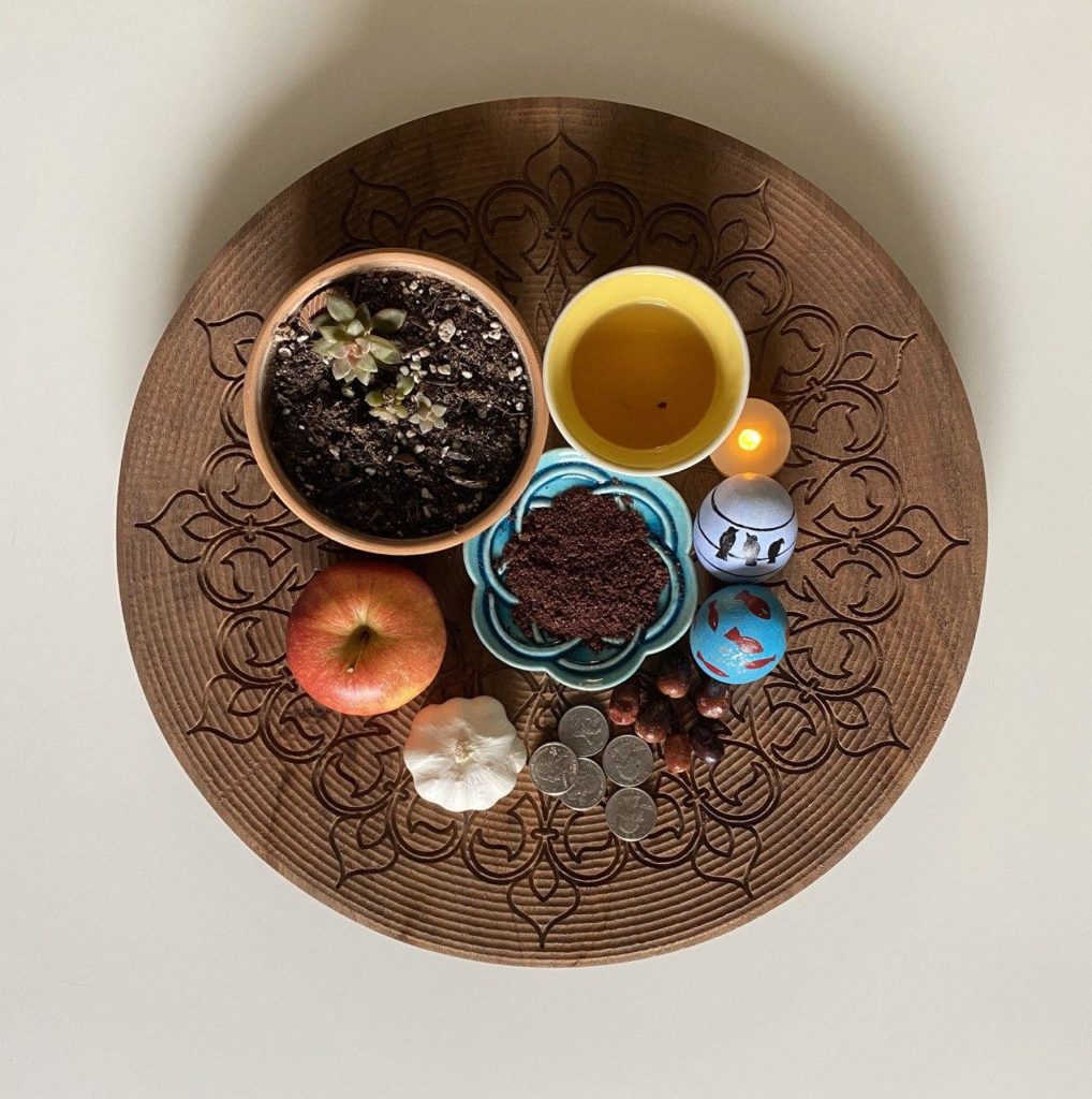 Haft-Sin is a traditional arrangement of seven symbolic items whose names start with the letter “s” pronounced as "seen" at Nowruz (Persian new year).