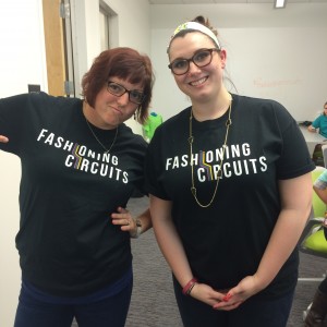 Laura Pasquini and Patti McLetchie model our new Fashioning Circuits t-shirts before the Brownies arrive.